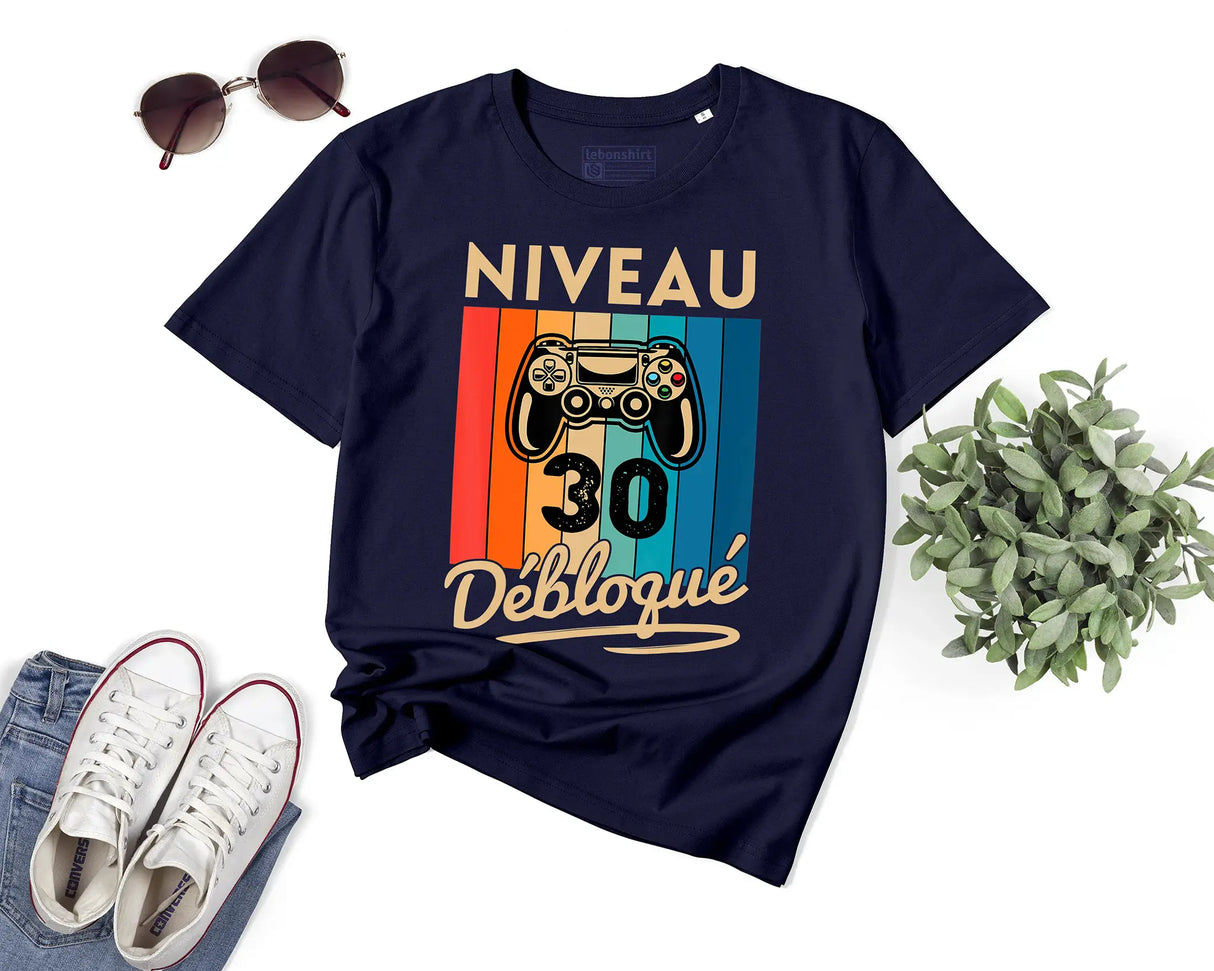 T-shirt Homme Niveau 30 Débloqué - Cadeau Parfait Anniversaire 30 Ans - L240522S01_30 Marine