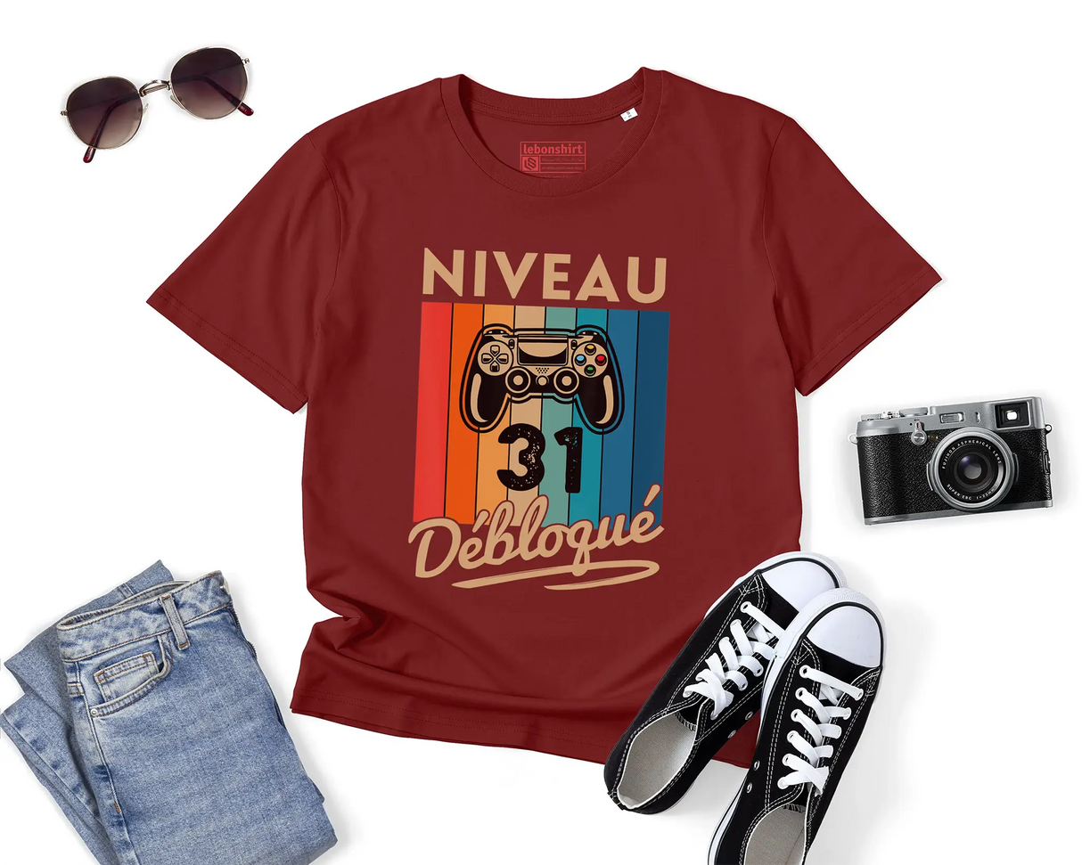 T-shirt Homme Niveau 31 Débloqué - Cadeau Parfait Anniversaire 31 Ans - L240522S01_31 Bordeaux