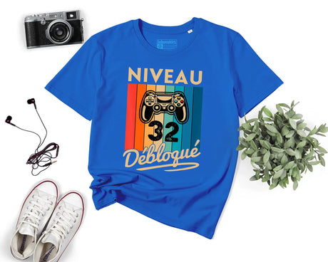 T-shirt Homme Niveau 32 Débloqué - Cadeau Parfait Anniversaire 32 Ans - L240522S01_32 Bleu