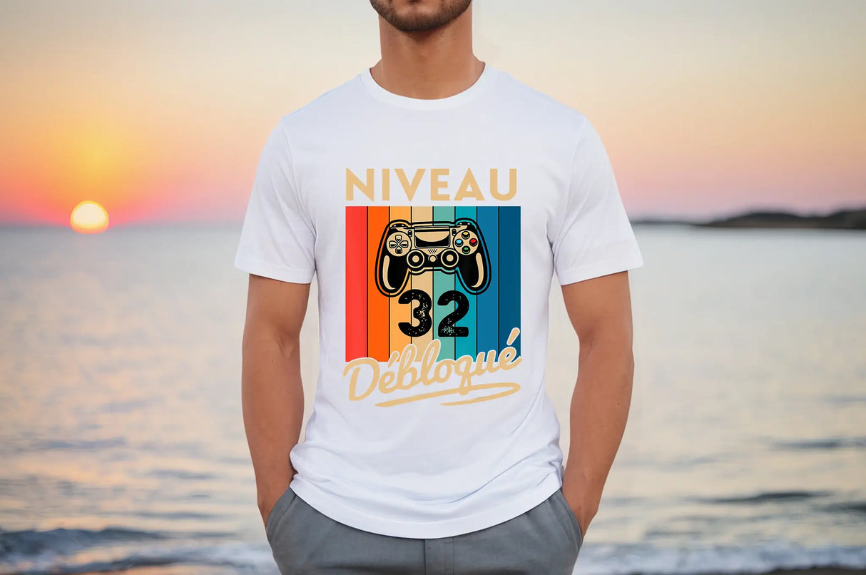 T-shirt Homme Niveau 32 Débloqué - Cadeau Parfait Anniversaire 32 Ans - L240522S01_32