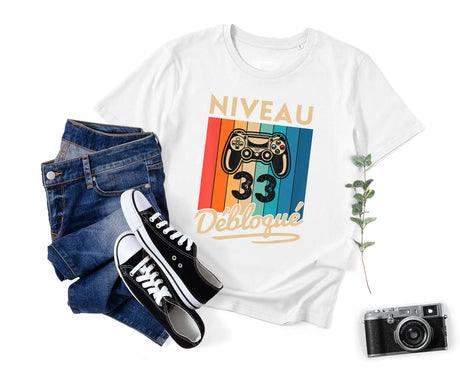 T-shirt Homme Niveau 33 Débloqué - Cadeau Parfait Anniversaire 33 Ans - L240522S01_33 Blanc