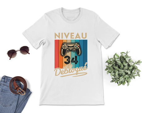 T-shirt Homme Niveau 34 Débloqué - Cadeau Parfait Anniversaire 34 Ans - L240522S01_34 Blanc