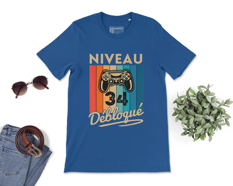 T-shirt Homme Niveau 34 Débloqué - Cadeau Parfait Anniversaire 34 Ans - L240522S01_34 Bleu