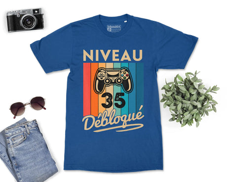 T-shirt Homme Niveau 35 Débloqué - Cadeau Parfait Anniversaire 35 Ans - L240522S01_35 Bleu