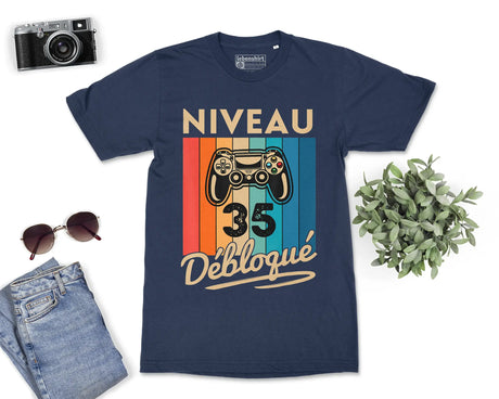 T-shirt Homme Niveau 35 Débloqué - Cadeau Parfait Anniversaire 35 Ans - L240522S01_35 Marine