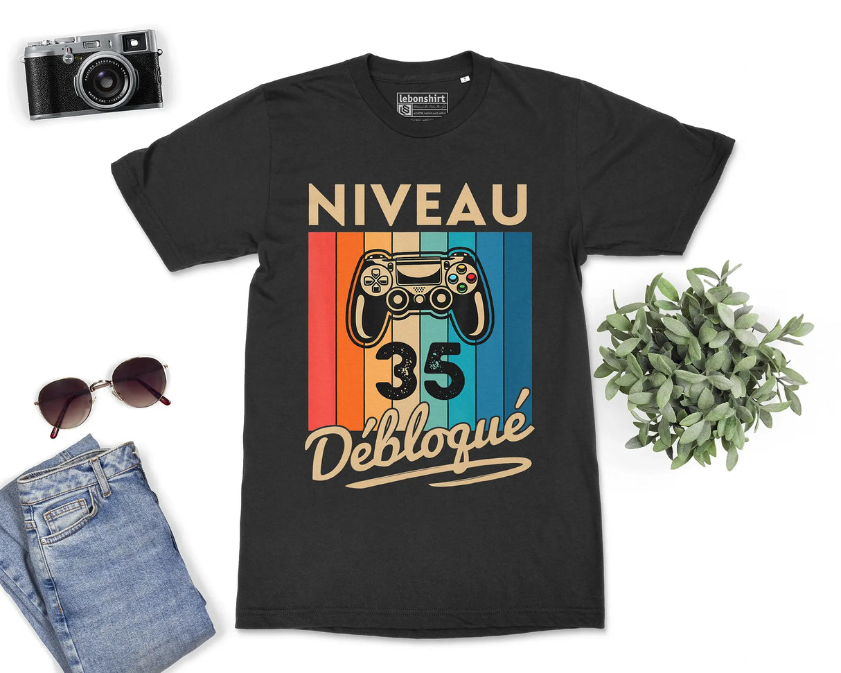 T-shirt Homme Niveau 35 Débloqué - Cadeau Parfait Anniversaire 35 Ans - L240522S01_35 Noir