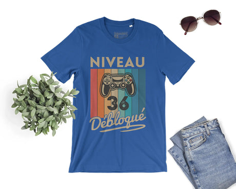 T-shirt Homme Niveau 36 Débloqué - Cadeau Parfait Anniversaire 36 Ans - L240522S01_36 Bleu