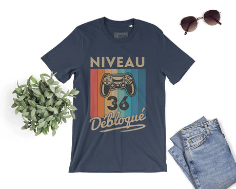 T-shirt Homme Niveau 36 Débloqué - Cadeau Parfait Anniversaire 36 Ans - L240522S01_36 Marine