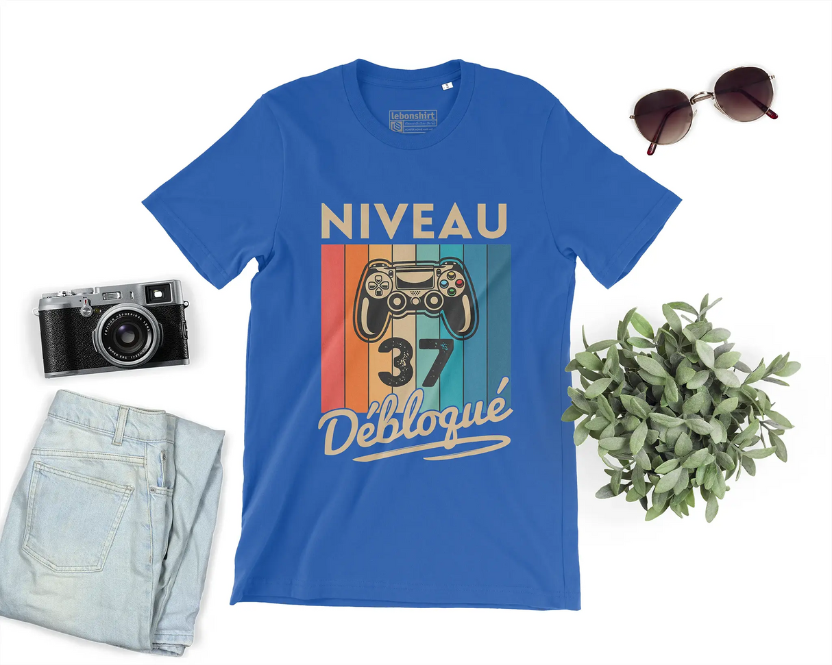 T-shirt Homme Niveau 37 Débloqué - Cadeau Parfait Anniversaire 37 Ans - L240522S01_37 Bleu