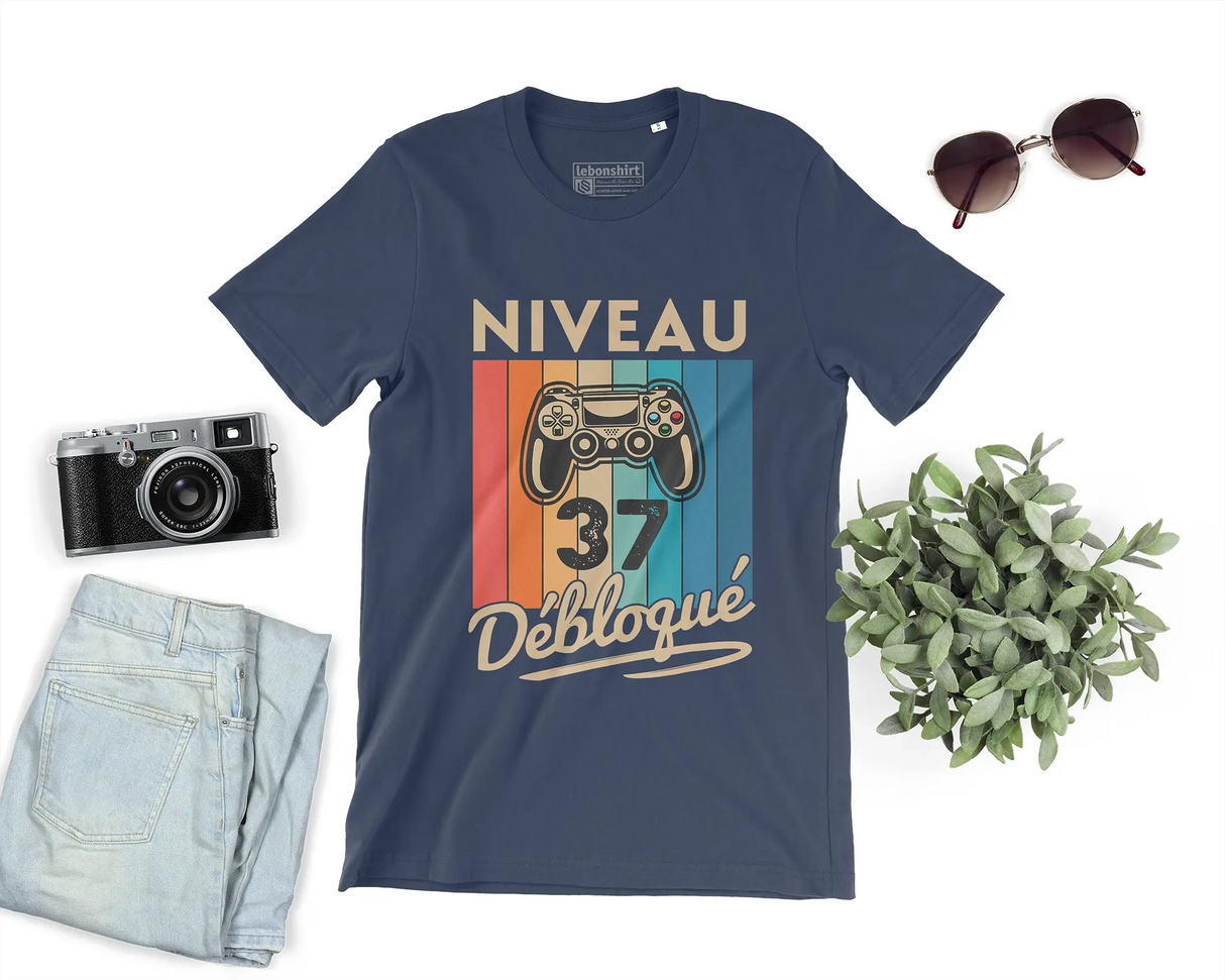 T-shirt Homme Niveau 37 Débloqué - Cadeau Parfait Anniversaire 37 Ans - L240522S01_37 Marine