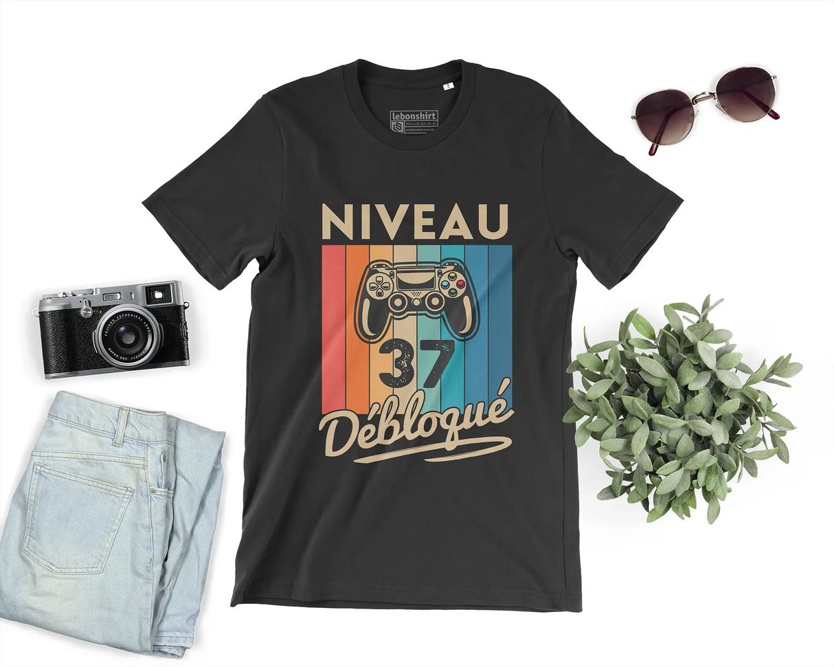 T-shirt Homme Niveau 37 Débloqué - Cadeau Parfait Anniversaire 37 Ans - L240522S01_37 Noir