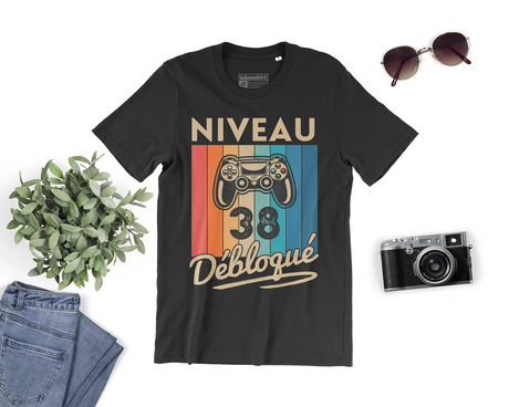 T-shirt Homme Niveau 38 Débloqué - Cadeau Parfait Anniversaire 38 Ans - L240522S01_38 Noir