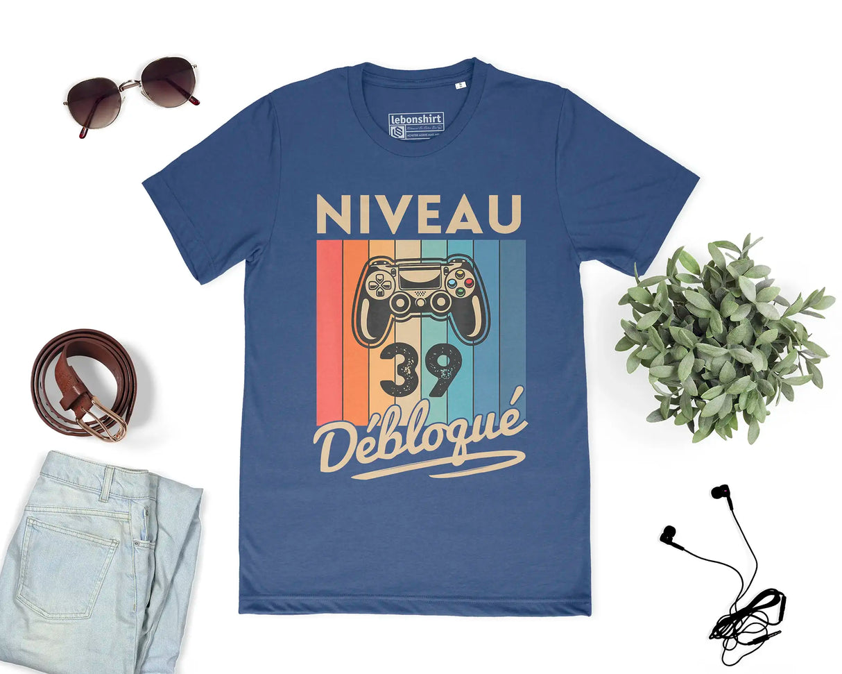 T-shirt Homme Niveau 39 Débloqué - Cadeau Parfait Anniversaire 39 Ans - L240522S01_39 Bleu