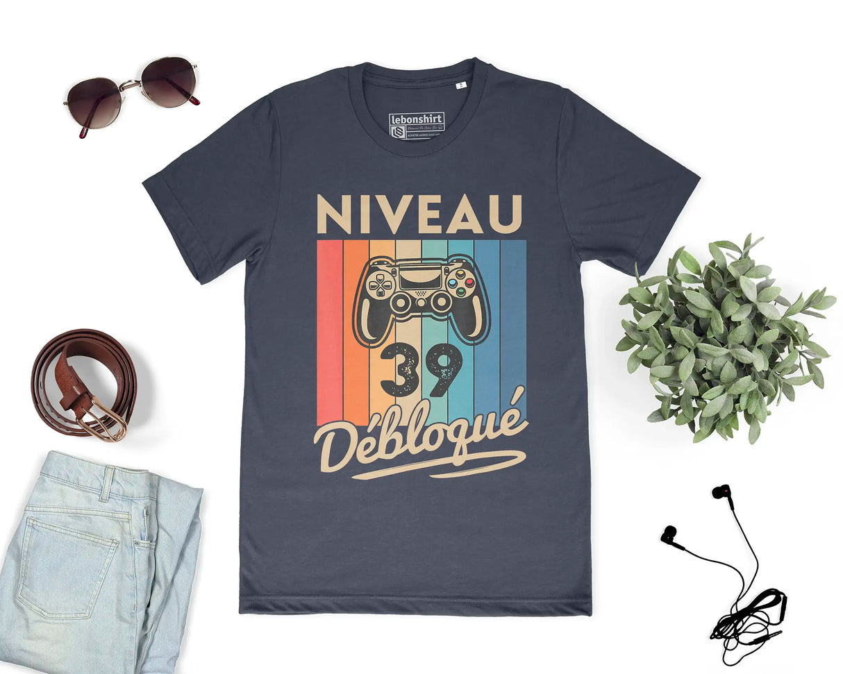 T-shirt Homme Niveau 39 Débloqué - Cadeau Parfait Anniversaire 39 Ans - L240522S01_39 Marine