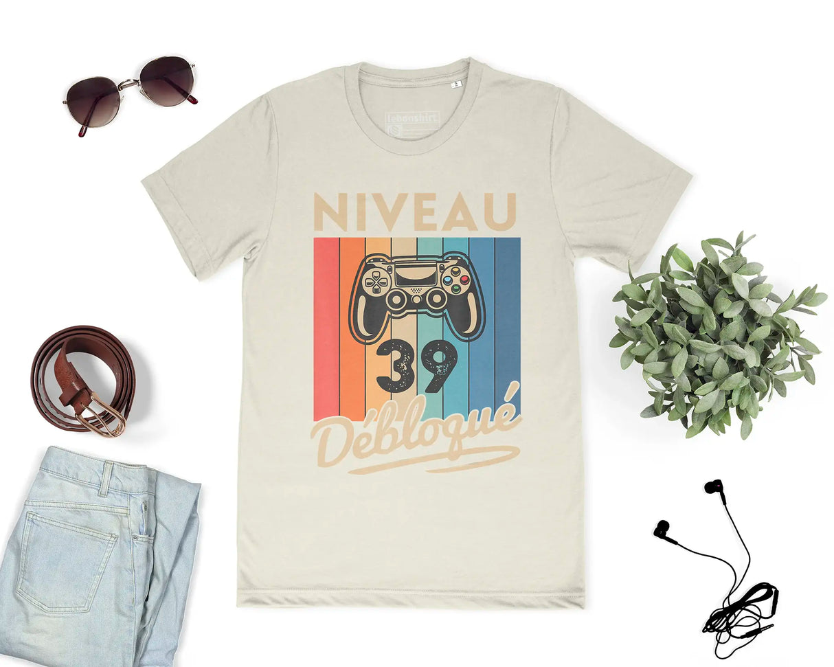 T-shirt Homme Niveau 39 Débloqué - Cadeau Parfait Anniversaire 39 Ans - L240522S01_39 Naturel