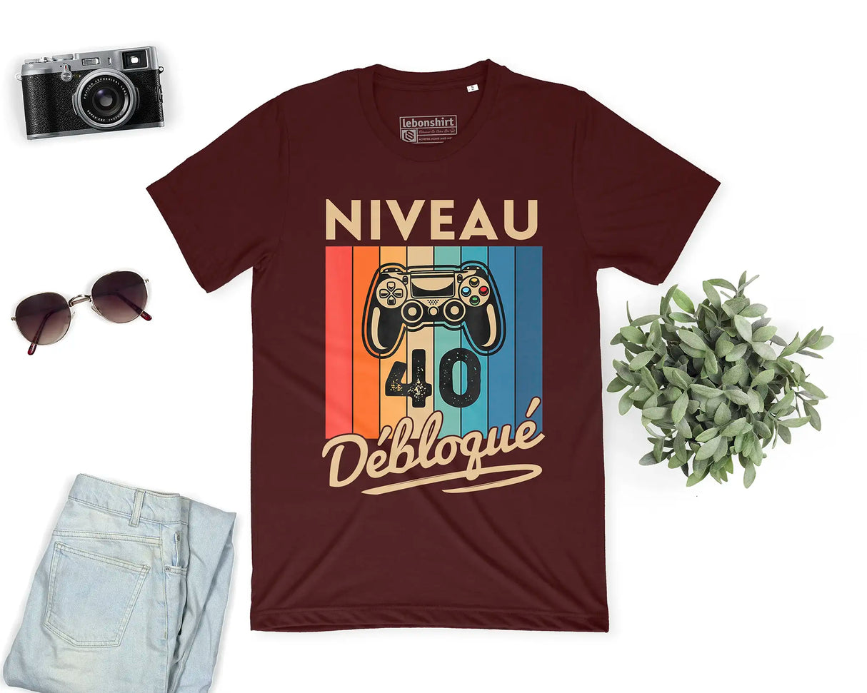 T-shirt Homme Niveau 40 Débloqué - Cadeau Parfait Anniversaire 40 Ans - L240522S01_40 Bordeaux