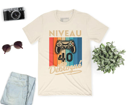 T-shirt Homme Niveau 40 Débloqué - Cadeau Parfait Anniversaire 40 Ans - L240522S01_40 Naturel