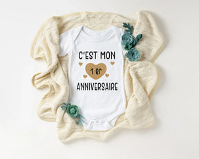 Lebonshirt Body Bébé Premium 100% Coton BIO - Mon 1er Anniversaire - L020622S12 Blanc