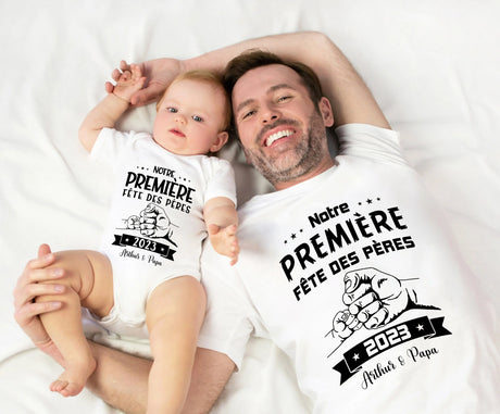 Lebonshirt® Body Bébé Personnalisé 100% Coton Bio - Notre Première Fête Des Pères, Cadeau Nouveau Né-Nouveau Papa - L240522S23 Papa Et Bébé