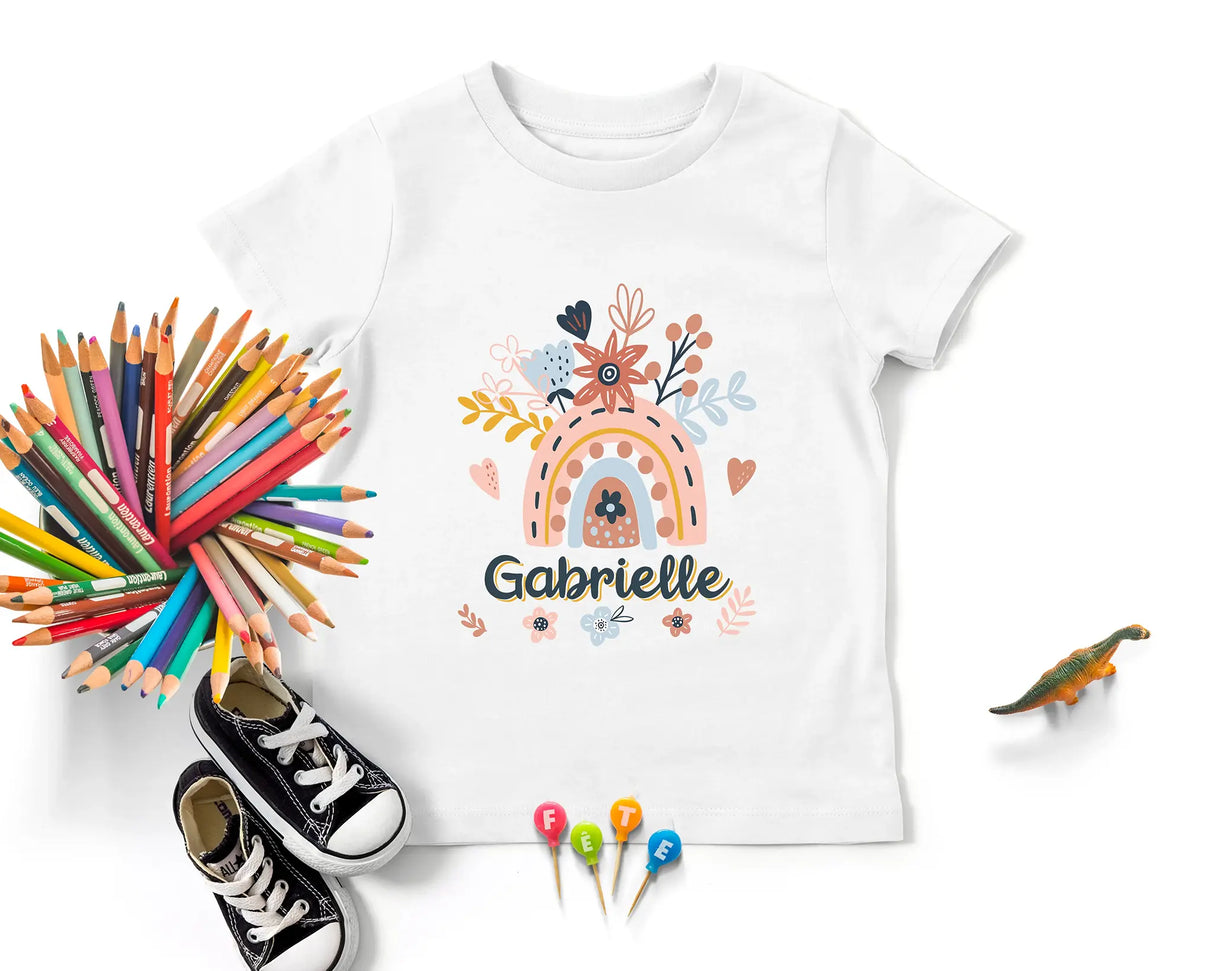 Lebonshirt® T-Shirt Premium Enfant 100% Coton Bio - Arc En Ciel Et Fleurs, Prénom Personnalisé, Cadeau Enfant - L070523S01 Blanc