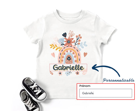 Lebonshirt® T-Shirt Premium Enfant 100% Coton Bio - Arc En Ciel Et Fleurs, Prénom Personnalisé, Cadeau Enfant - L070523S01 Personnaliser Avec Prénom