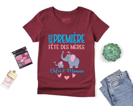 Lebonshirt T-Shirt Premium Femme Personnalisé En Coton Bio - Notre Première Fête Des Mère - L060523S01 Bordeaux