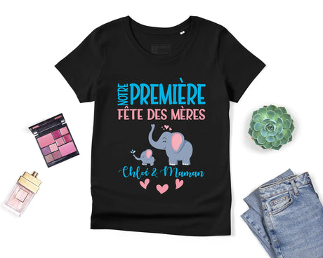 Lebonshirt T-Shirt Premium Femme Personnalisé En Coton Bio - Notre Première Fête Des Mère - L060523S01 Noir