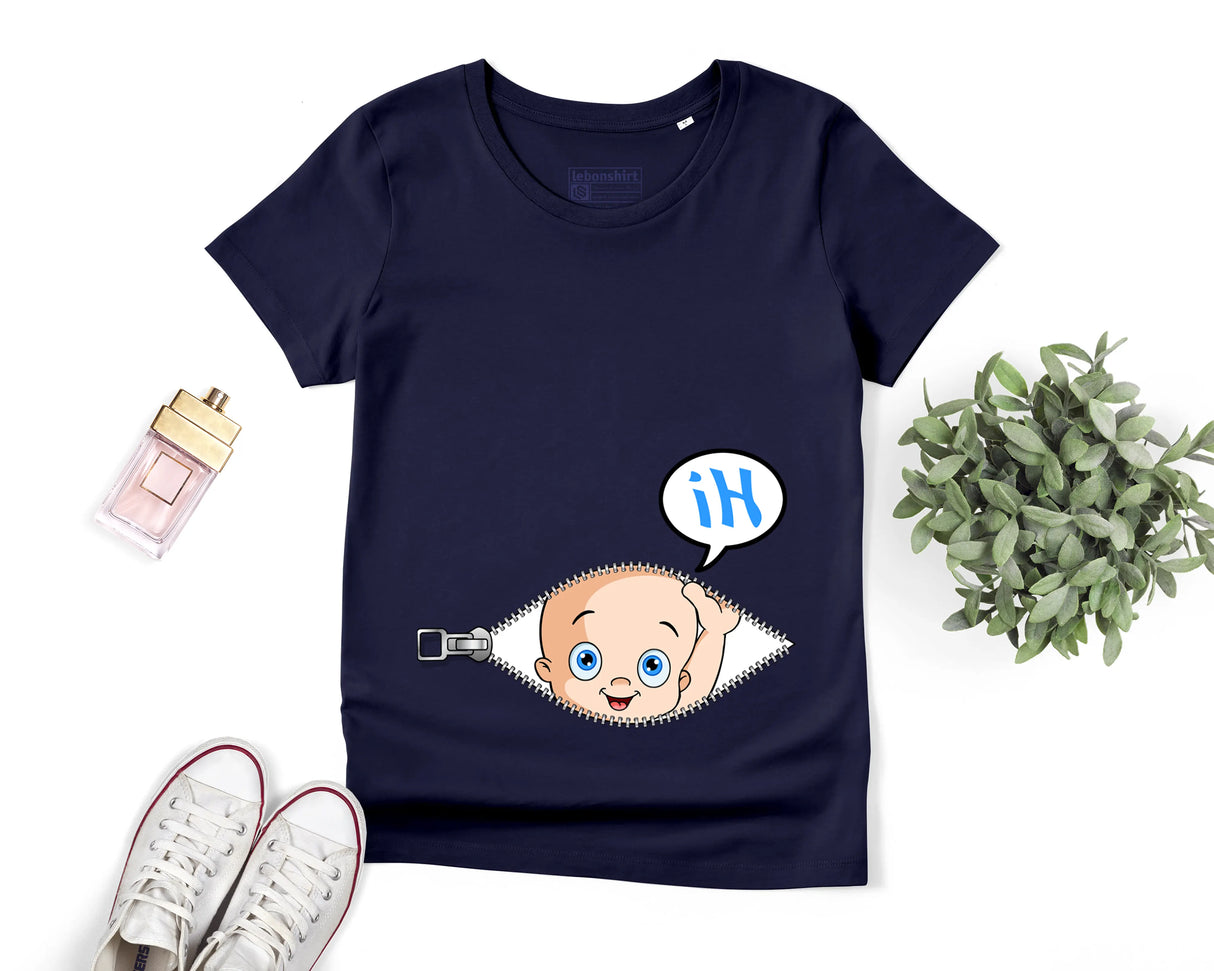 Lebonshirt® T-shirt Premium Femme En Coton Bio - Annonce Grossesse Rigolo, Maternité, T-shirt Future Maman Imprimé - L260522S21 Marine