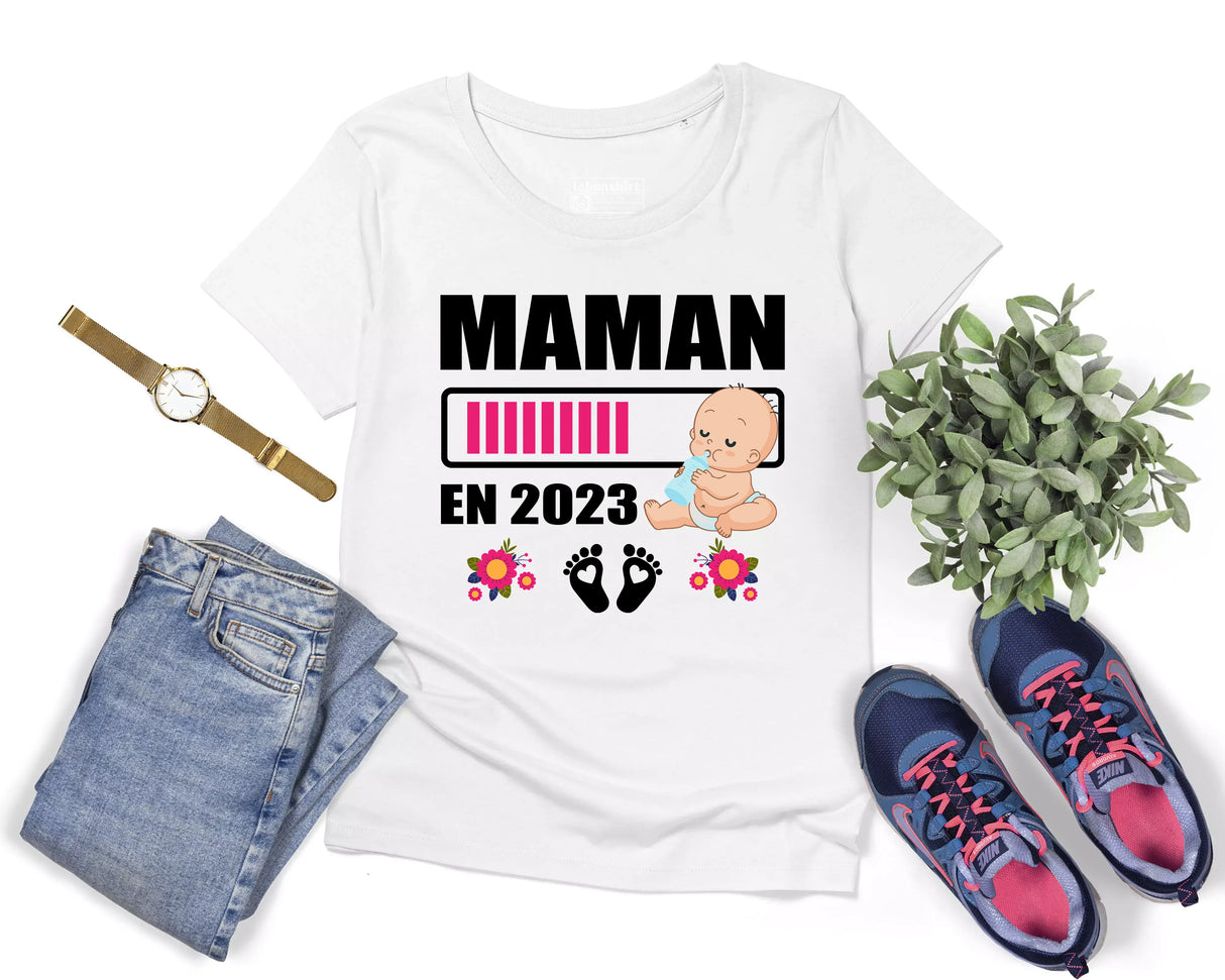 Lebonshirt® T-shirt Premium Femme En Coton Bio - Maman En 2023 - Cadeau Femme Enceinte & Jeune Maman - L220422S18 - Blanc