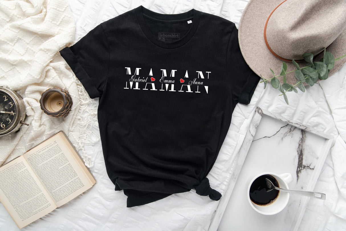 Lebonshirt® T-shirt Premium Femme En Coton Bio - T-shirt Anniversaire Maman, Prénom Des Enfants Personnalisés, Cadeau Personnalisé Fête Des Mères - L130522S29 Noir