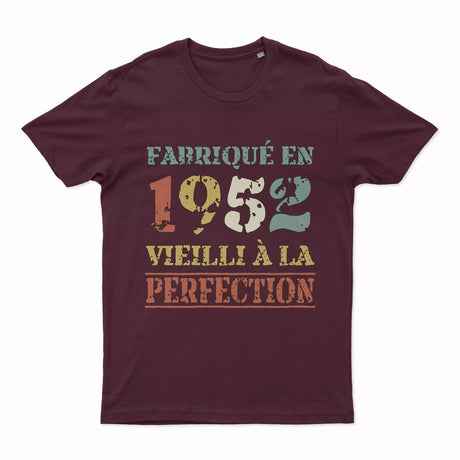 Lebonshirt T-shirt Premium Homme, Cadeau Aniversaire 1952 Fabriqué En 1952 Vieilli A La Perfection Bordeaux