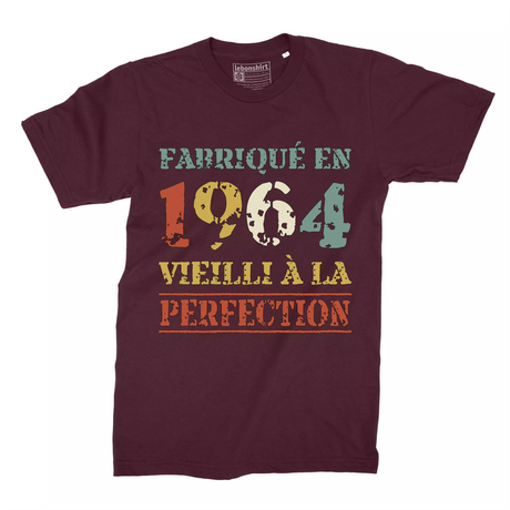 Lebonshirt T-shirt Premium Homme, Cadeau Aniversaire 1964 Fabriqué En 1964 Vieilli A La Perfection Bordeaux