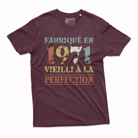 Lebonshirt T-shirt Premium Homme, Cadeau Aniversaire 1971 Fabriqué En 1971 Vieilli A La Perfection Bordeaux