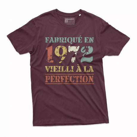 Lebonshirt T-shirt Premium Homme, Cadeau Aniversaire 1972 Fabriqué En 1972 Vieilli A La Perfection Bordeaux