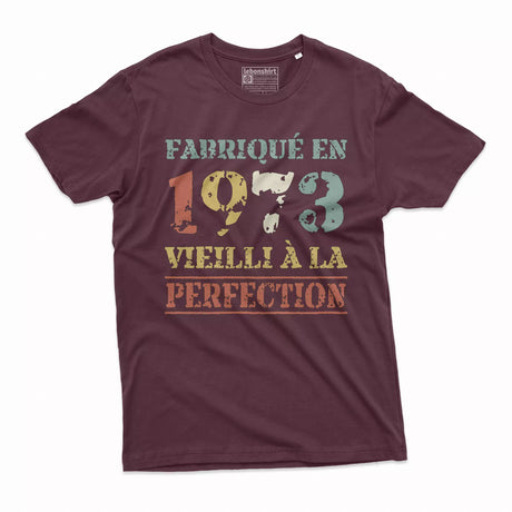 Lebonshirt T-shirt Premium Homme, Cadeau Aniversaire 1973 Fabriqué En 1973 Vieilli A La Perfection Bordeaux