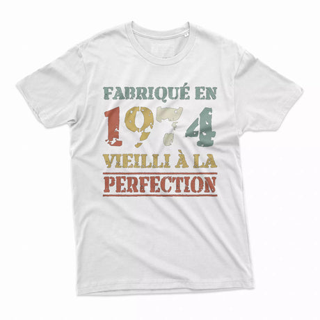 Lebonshirt T-shirt Premium Homme, Cadeau Aniversaire 1974 Fabriqué En 1974 Vieilli A La Perfection Blanc