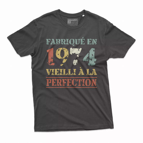 Lebonshirt T-shirt Premium Homme, Cadeau Aniversaire 1974 Fabriqué En 1974 Vieilli A La Perfection Noir