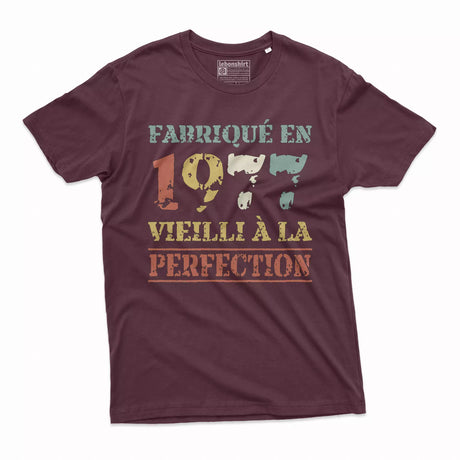 Lebonshirt T-shirt Premium Homme, Cadeau Aniversaire 1977 Fabriqué En 1977 Vieilli A La Perfection Bordeaux