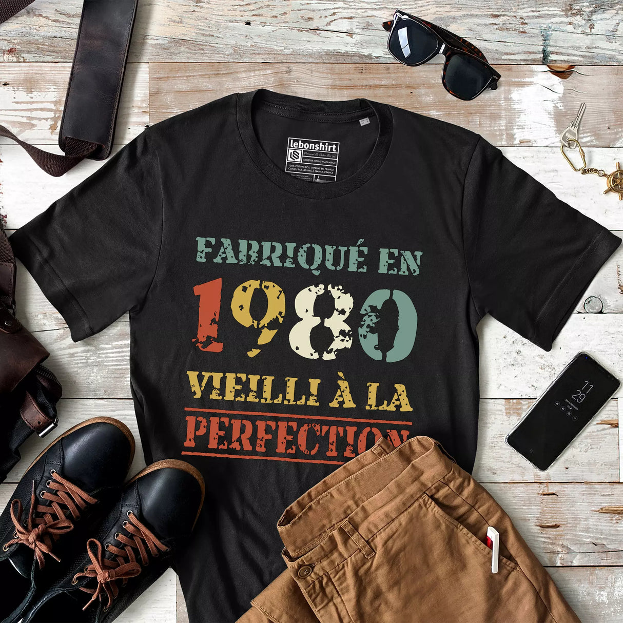 Lebonshirt T-shirt Premium Homme, Cadeau Aniversaire 1980 Fabriqué En 1980 Vieilli A La Perfection Noir