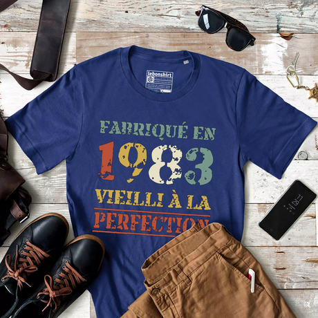 Lebonshirt T-shirt Premium Homme, Cadeau Aniversaire 1983 Fabriqué En 1983 Vieilli A La Perfection Indigo