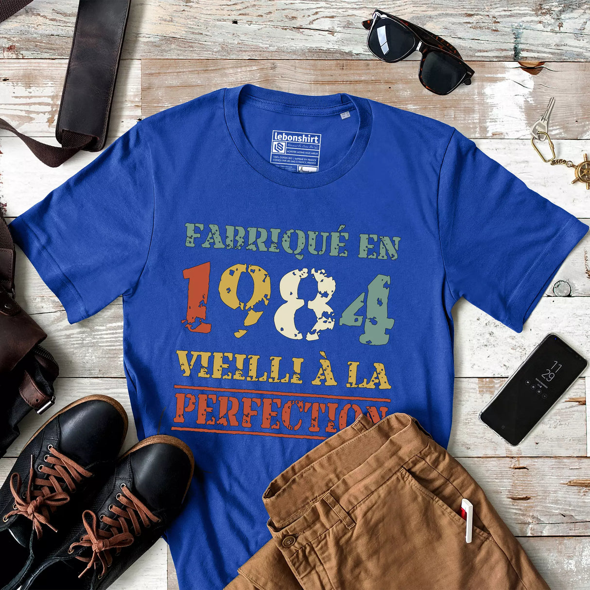 Lebonshirt T-shirt Premium Homme, Cadeau Aniversaire 1984 Fabriqué En 1984 Vieilli A La Perfection Bleu