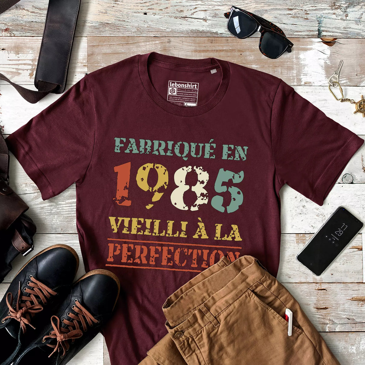 Lebonshirt T-shirt Premium Homme, Cadeau Aniversaire 1985 Fabriqué En 1985 Vieilli A La Perfection Bordeaux