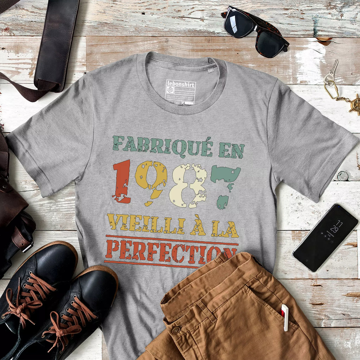 Lebonshirt T-shirt Premium Homme, Cadeau Aniversaire 1987 Fabriqué En 1987 Vieilli A La Perfection Gris