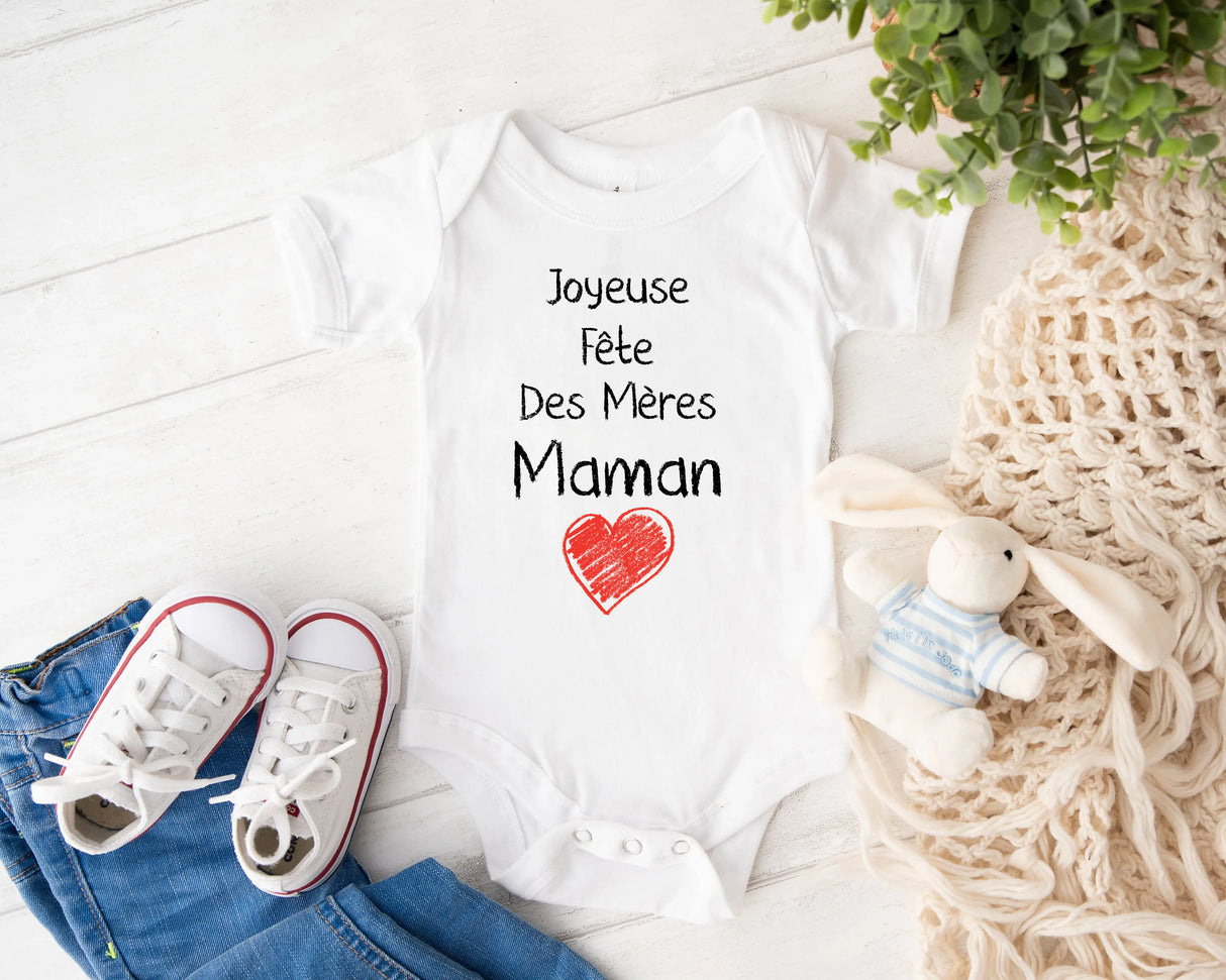 Lebonshirt® Body Bébé 100% Coton Bio - Joyeuse Fête Des Mères Maman, Cadeau Nouveau Né - L060522S23 - Blanc