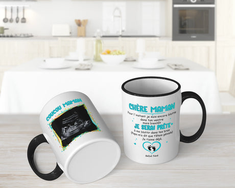 Lebonshirt® Mug Céramique Impression Panoramique Personnalisé - Coucou Maman, Je Serai Prêt, Cadeau Annonce Grossesse - L060522S27 - Mug Noir Bébé Fille