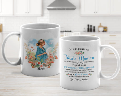 Lebonshirt® Mug Céramique Impression Panoramique Personnalisé - Future Maman, La Plus Belle, Le Plus Doux - L060522S28 - Blanc