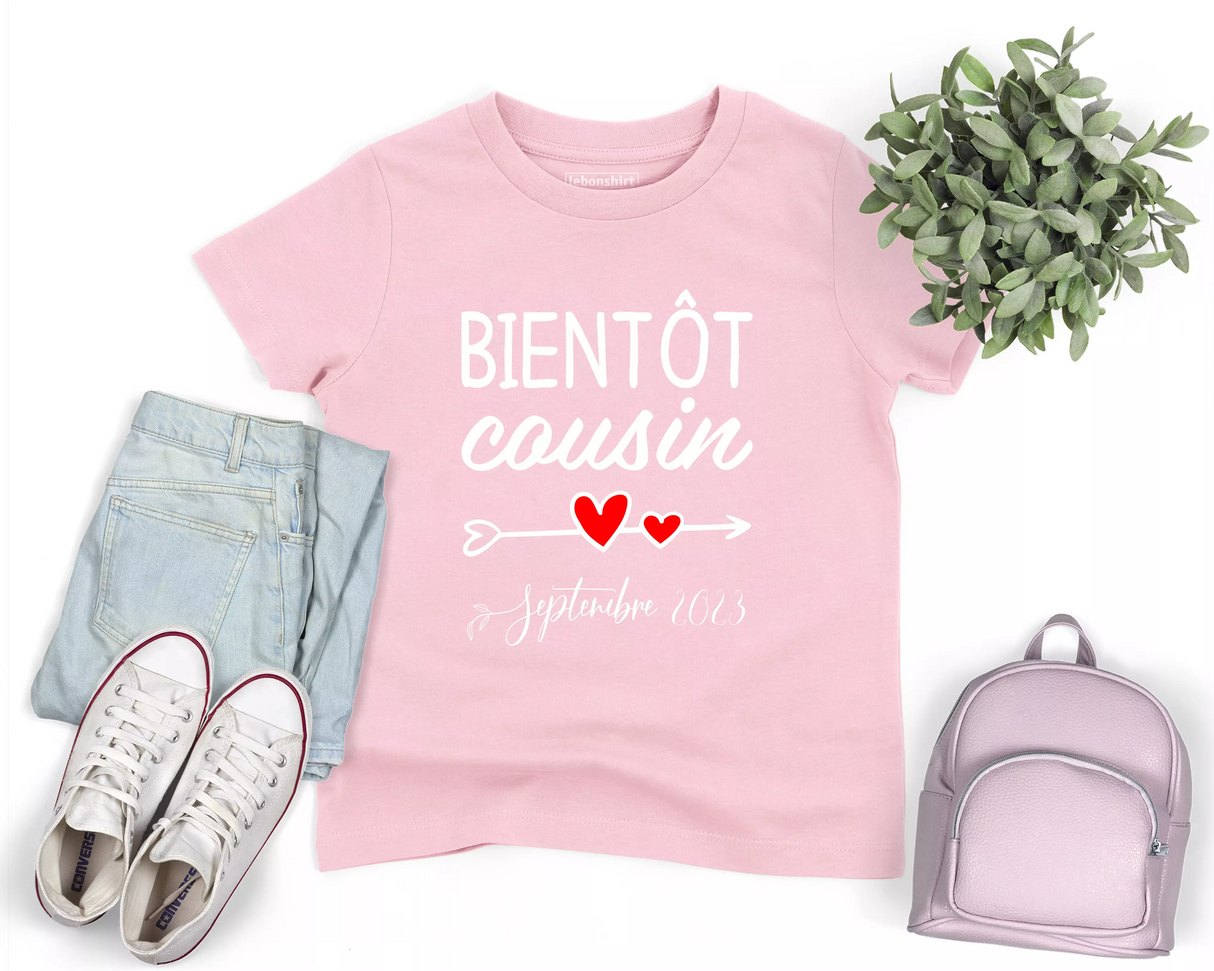 Lebonshirt® T-shirt Premium Enfant 100% Coton Bio - Bientôt Cousin-Cousine - Cadeau Enfant - Anoonce De Grossesse - Future Maman - Future Tante - L080223S01