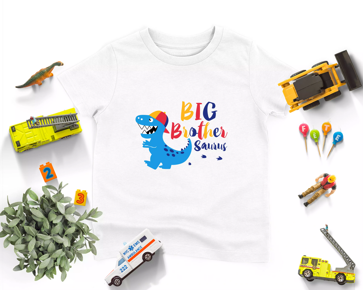 Lebonshirt® T-shirt Premium Enfant 100% Coton Bio - Big Brother Saurus, Grand-frère Dinosaure - L270422S19 - Blanc