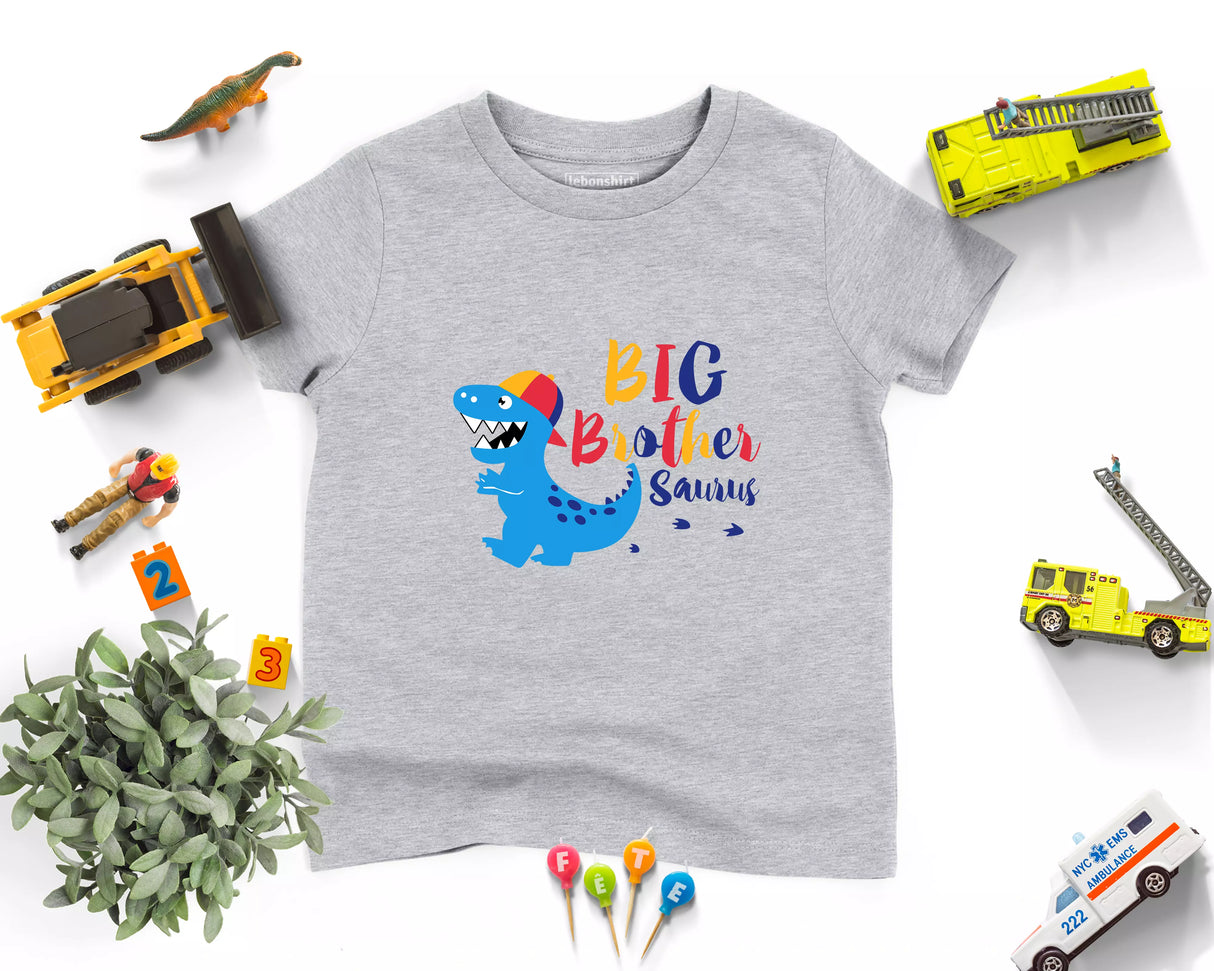 Lebonshirt® T-shirt Premium Enfant 100% Coton Bio - Big Brother Saurus, Grand-frère Dinosaure - L270422S19 - Gris