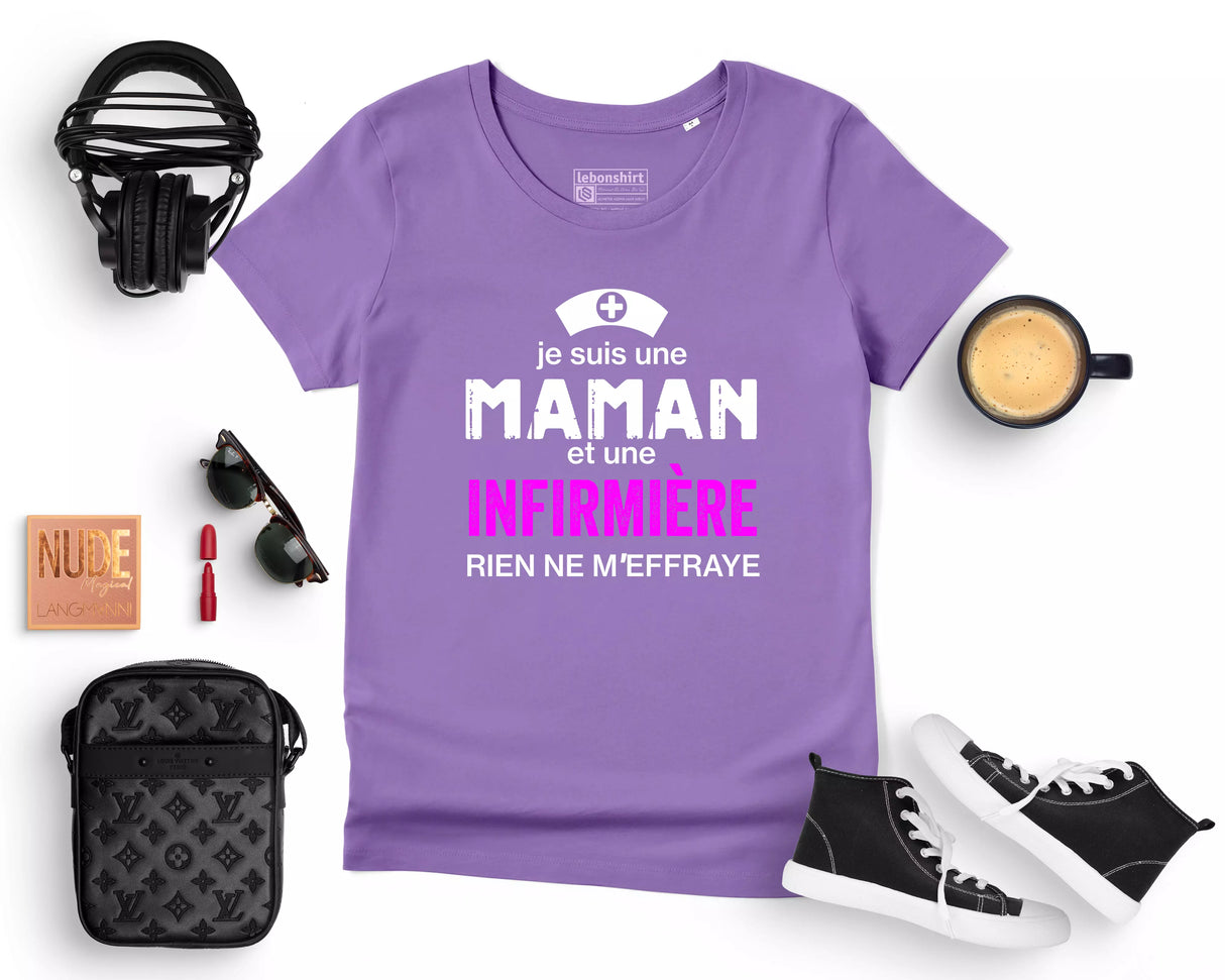 Lebonshirt® T-shirt Premium Femme 100% Coton Bio - Je Suis Une Maman Et Une Infirmière, Rien Ne m'Effraye - L220422S19 - Lavande